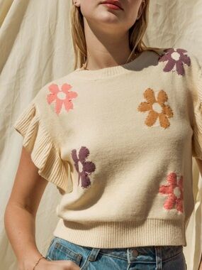 Gilli Cream Crewneck Sweater with Multicolor Flower Motifs